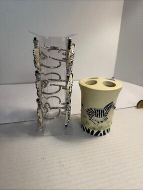 Zebra Print Shower Curtain Hooks set/12  and Toothbrush Holder Set